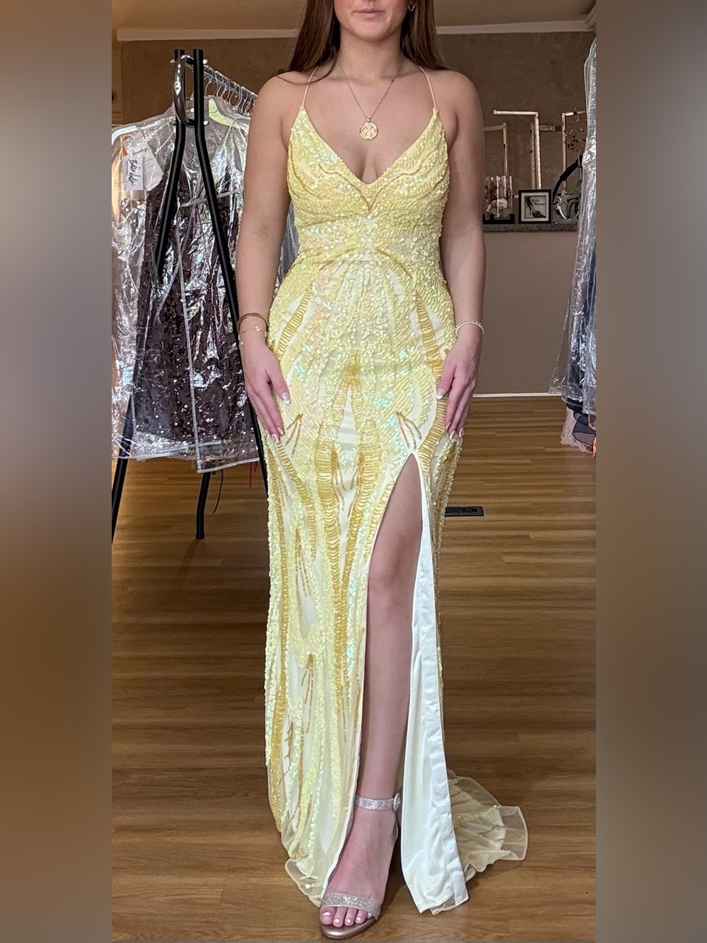 Yellow Beaded Spaghetti-Strap Evening Gown